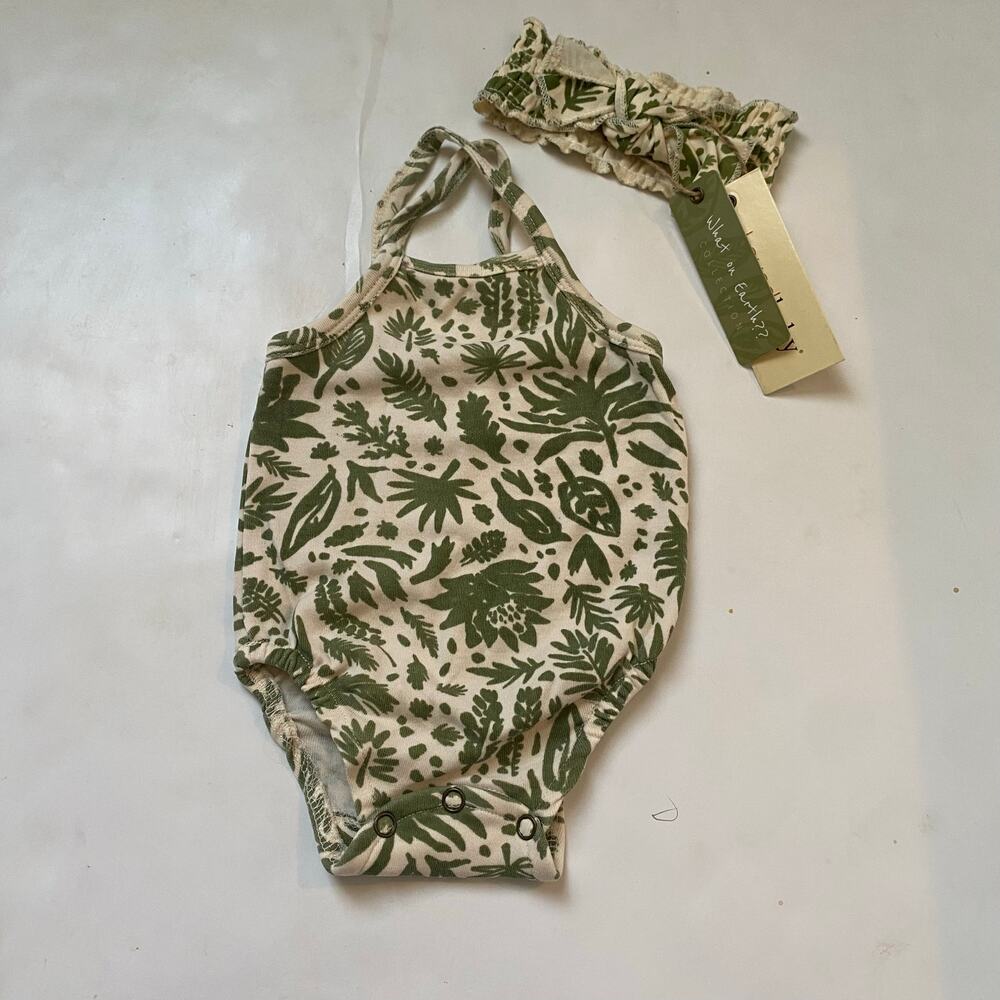 NEW L’ovedbaby Green Botanical Print Organic Cotton One Piece Bubble Romper